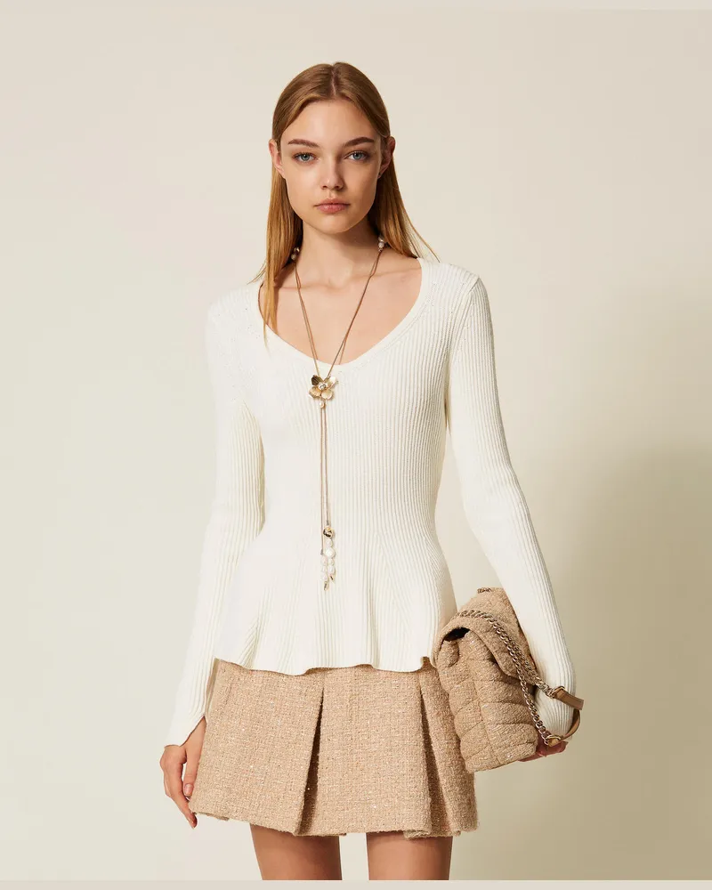 Twin-Set Figurbetonter Pullover mit Rippenmuster, Weiß Schnee, Größe Weiß