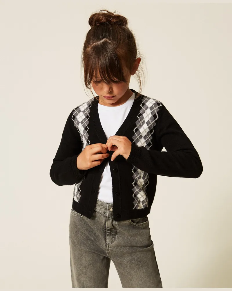 Twin-Set Strickcardigan mit Rautenmuster, Damen, Schwarz / Rautenmuster Mittelgrau-Melange Schwarz