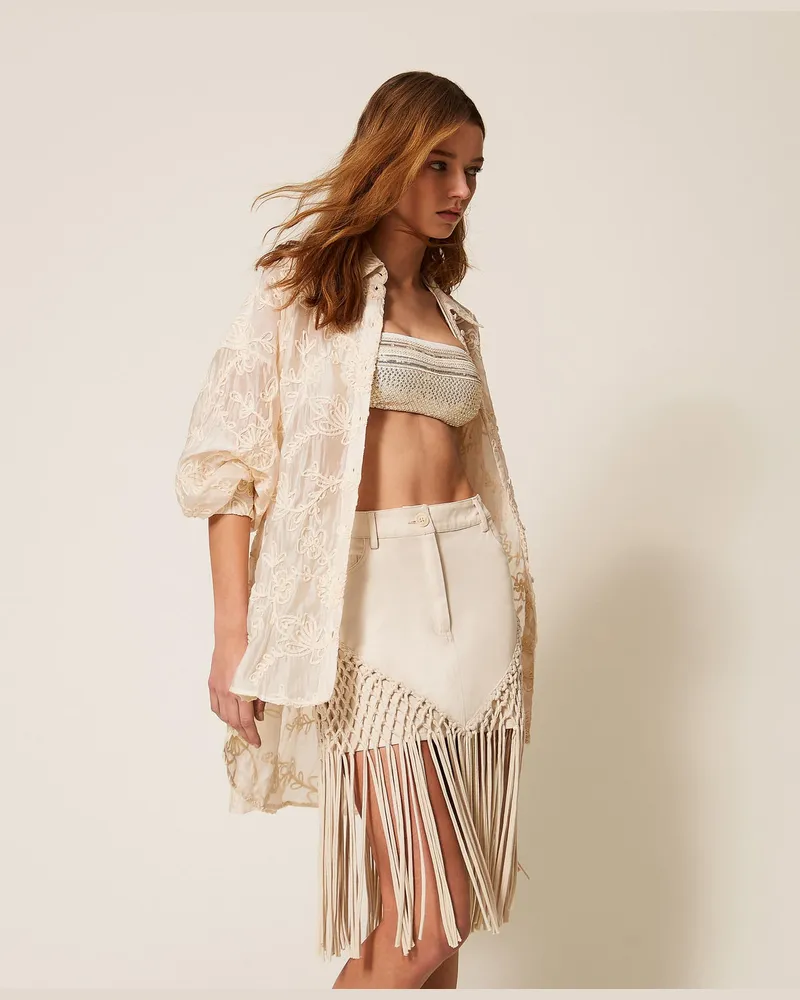 Twin-Set Bademode - Minirock aus Bull-Denim mit Fransen, Weiß Pergament, Größe Weiß