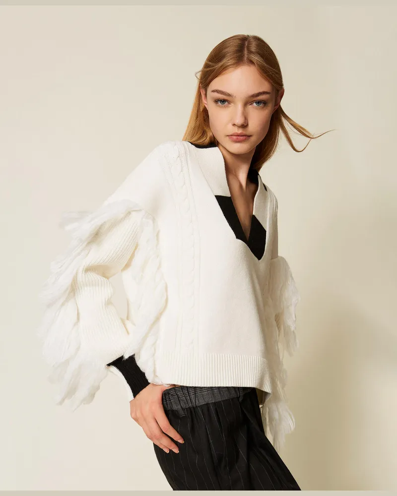 Actitude by Twinset Pullover MYFO mit Fransen und Zöpfen, Zweifarbig „Arctic Wolf"-Weiß / Schwarz, Größe: XXL 