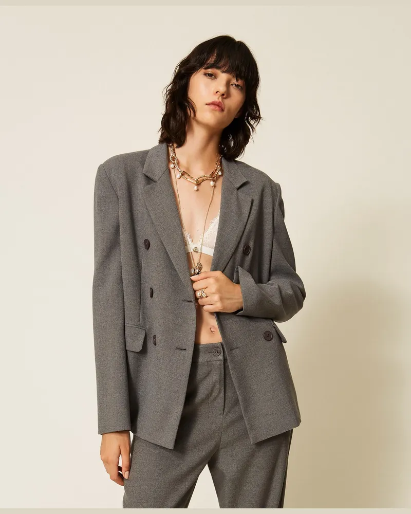Twin-Set Zweireihige Jacke aus Flanell, Damen, Mittelgrau-Melange Mittelgrau-melange