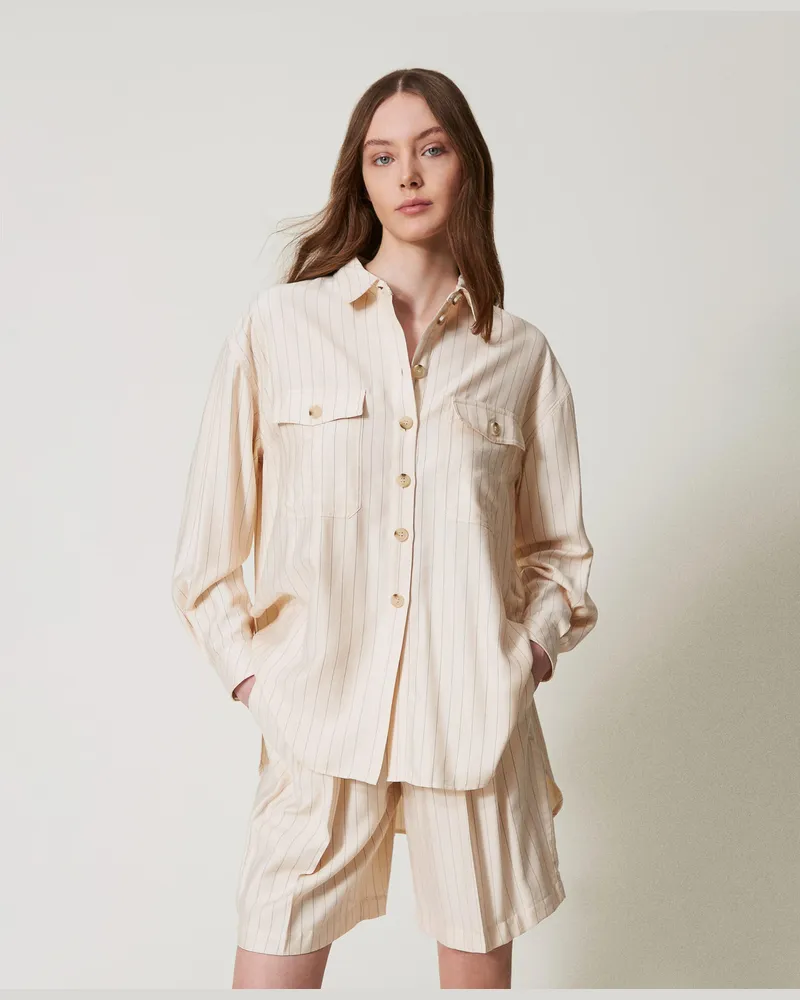 Twin-Set Hemden - Oversize-Hemd mit Nadelstreifen, Nadelstreifen Beige / Schwarz, Gestreift, Größe Nadelstreifen