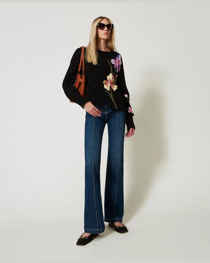 Twin-Set High-Waist-Jeans im Flare-Fit, Mittleres "Denimblau", Größe: 32 