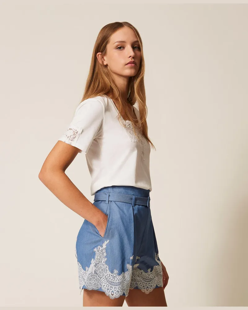 Actitude by Twinset T-Shirts - T-Shirt mit Spitzeneinsatz, Mattweiß, Größe Mattweiß