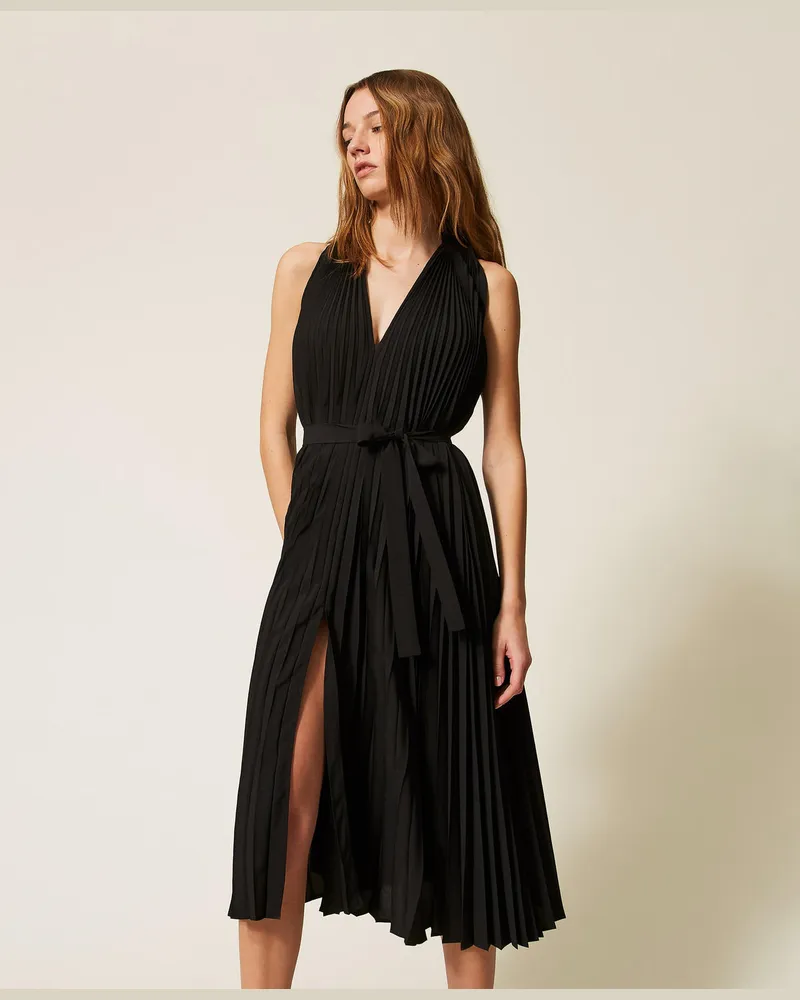 Twin-Set Kleider - Langes Kleid aus Popeline und Crêpe de Chine, Schwarz, Plissee, Größe Schwarz