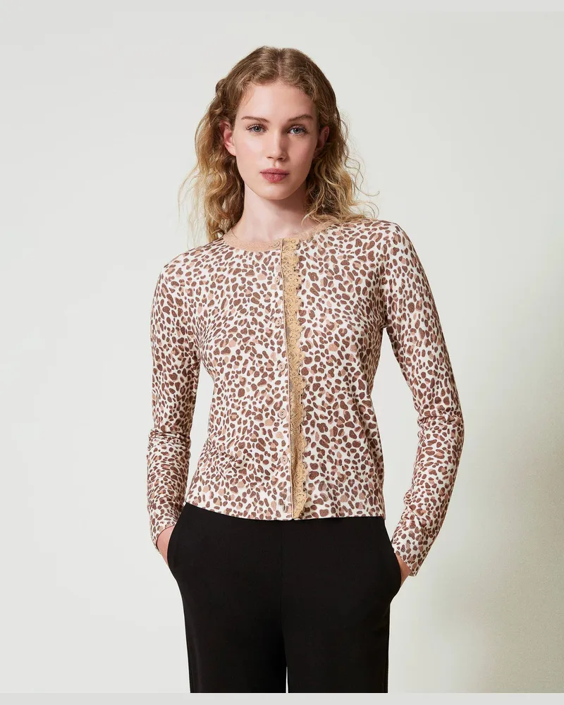 Twin-Set Cardigans - Strickcardigan mit Print und Spitze, Multicolor-Animalprint, Mit Blumen, Größe: XL 
