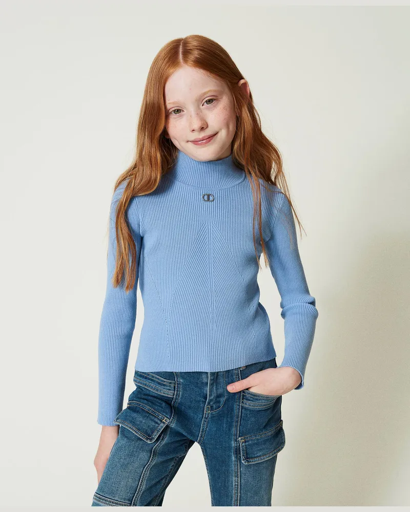 Twin-Set Gerippter Stehkragenpullover mit Logo, „Frozen Fjord"-Azur, Größe: 8A 