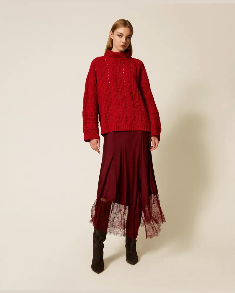 Twin-Set Röcke - Midi-Rock aus Satin mit Spitze, Red Wine, Größe Red