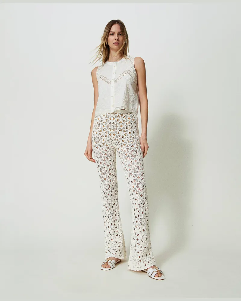Twin-Set Hosen - Flare-Häkelhose mit Blumendessin, „Parchment"-Beige, Größe „parchment“-beige
