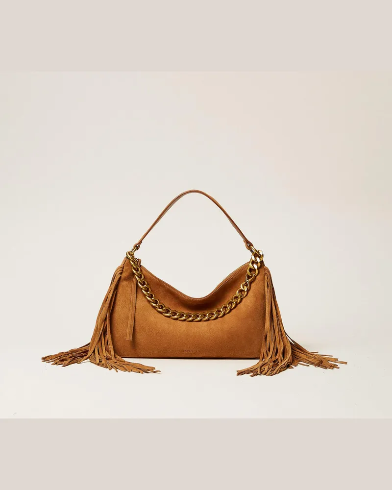 Twin-Set Große Liliane Tasche aus Veloursleder mit Fransen 