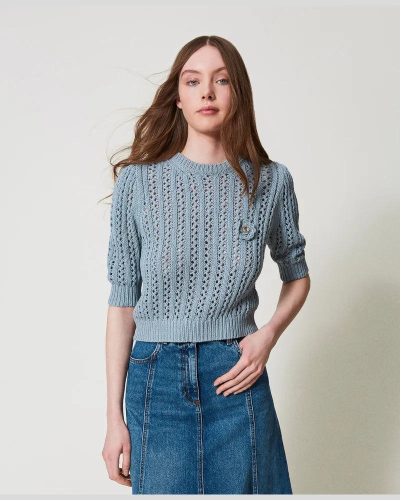 Twin-Set Pullover mit Häkelbrosche, "Zuckerpapier"-Grau, Baumwolle, Größe Zuckerpapier-grau