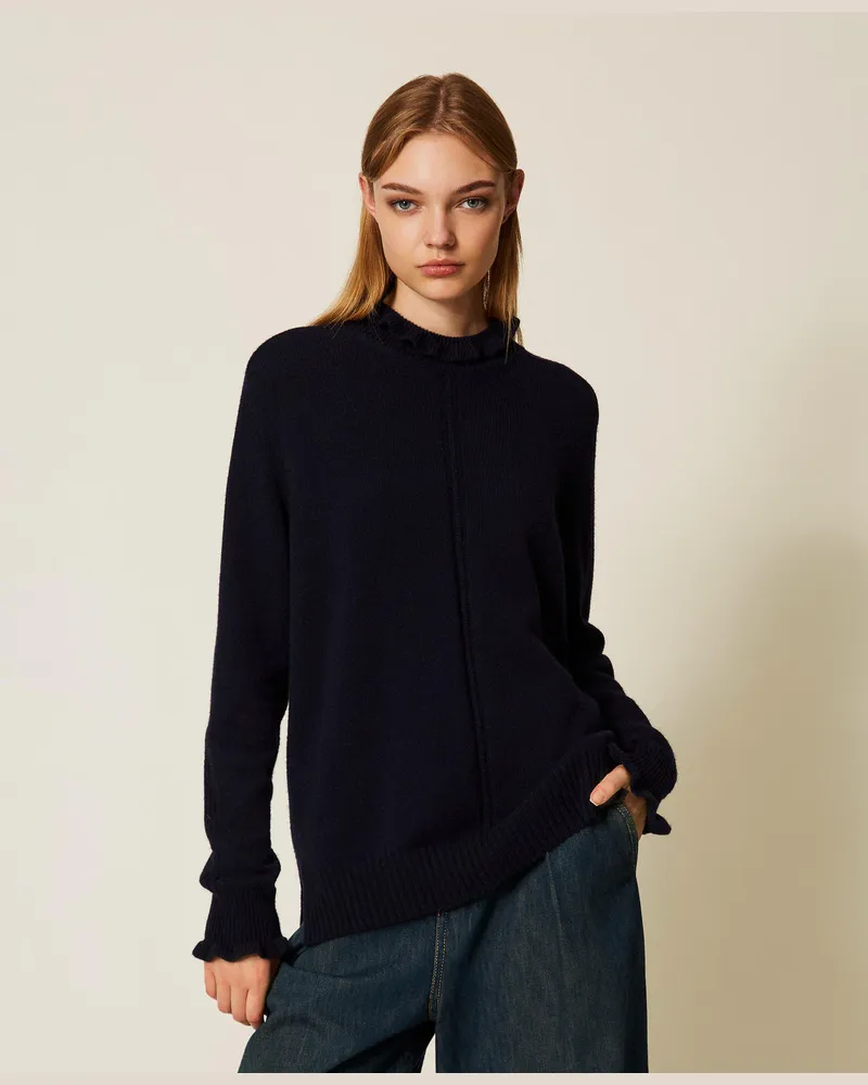 Twin-Set Pullover aus Wollmischung mit Volant, Klassisches Blau, Wolle, Größe Klassisches