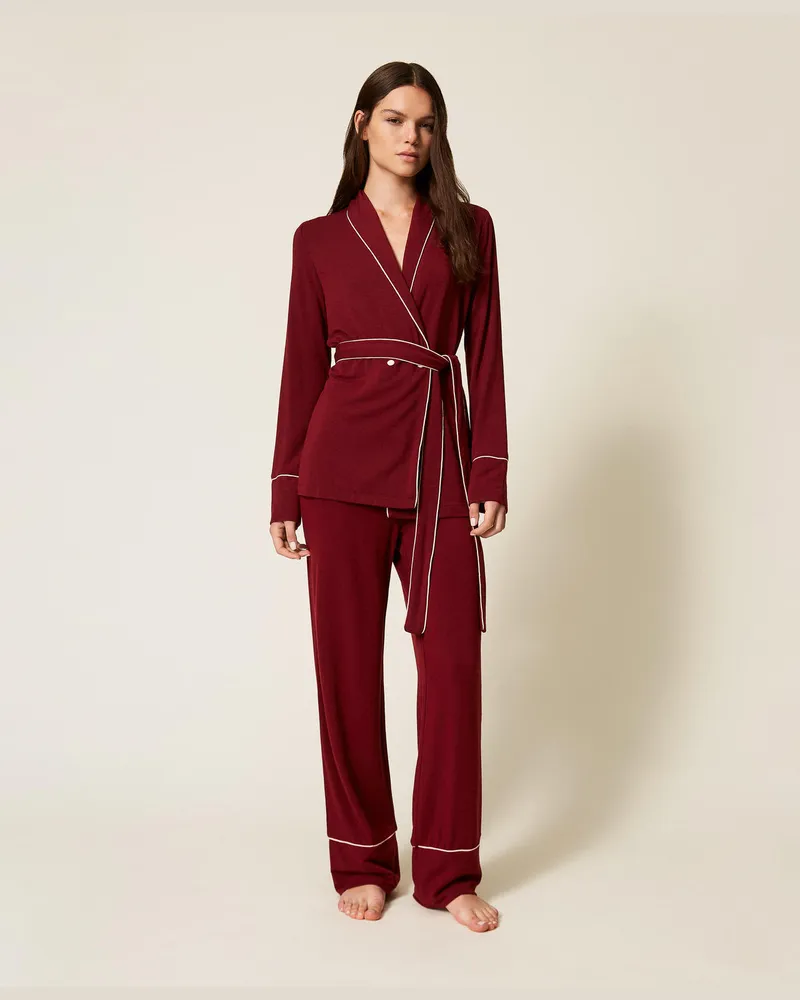 Twin-Set Unterwäsche und Nachtwäsche - Pyjama im Herrenstil mit Gürtel, Zweifarbig Red Wine / Pink Dust, Größe Zweifarbig