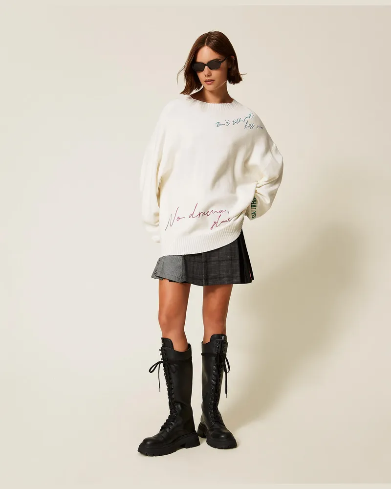 Actitude by Twinset Pullover MYFO mit Multicolor-Stickerei, "Papers"-Weiß, Größe: XS 