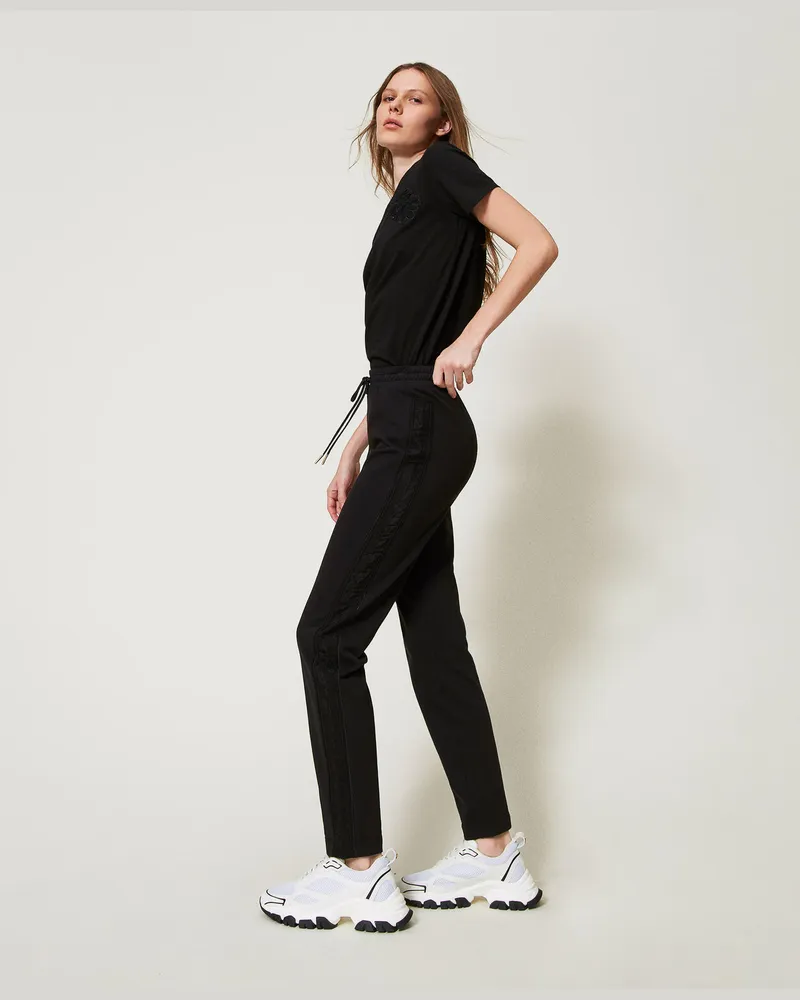 Twin-Set Hosen - Zigarettenhose mit Stickerei, Schwarz, Baumwolle, Größe Schwarz