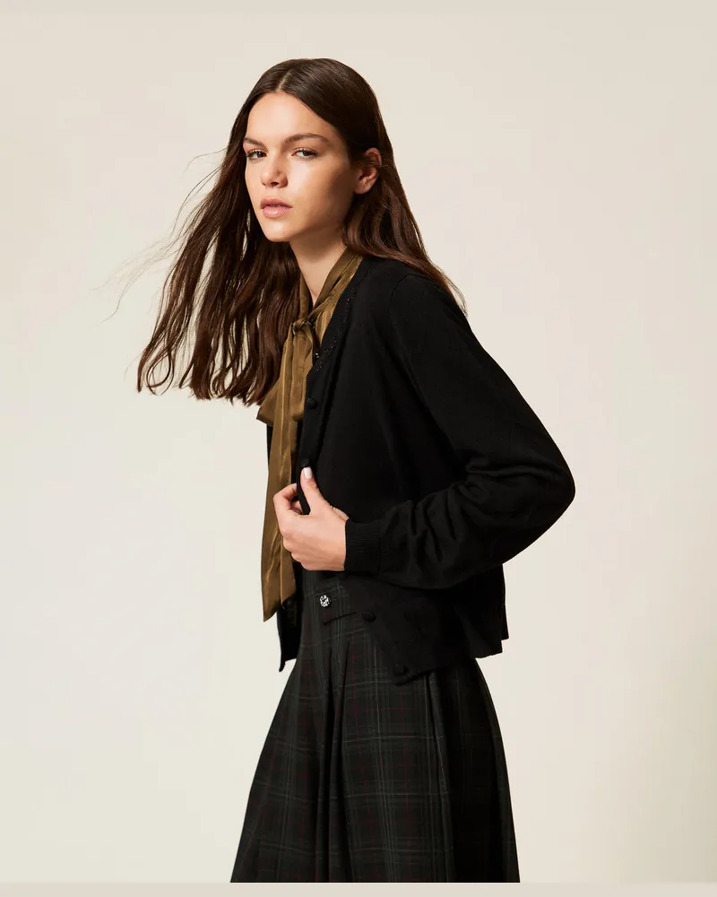 Twin-Set Cardigans - Cardigan mit Rundhalsausschnitt und Lurexgeflecht, Schwarz, Größe Schwarz