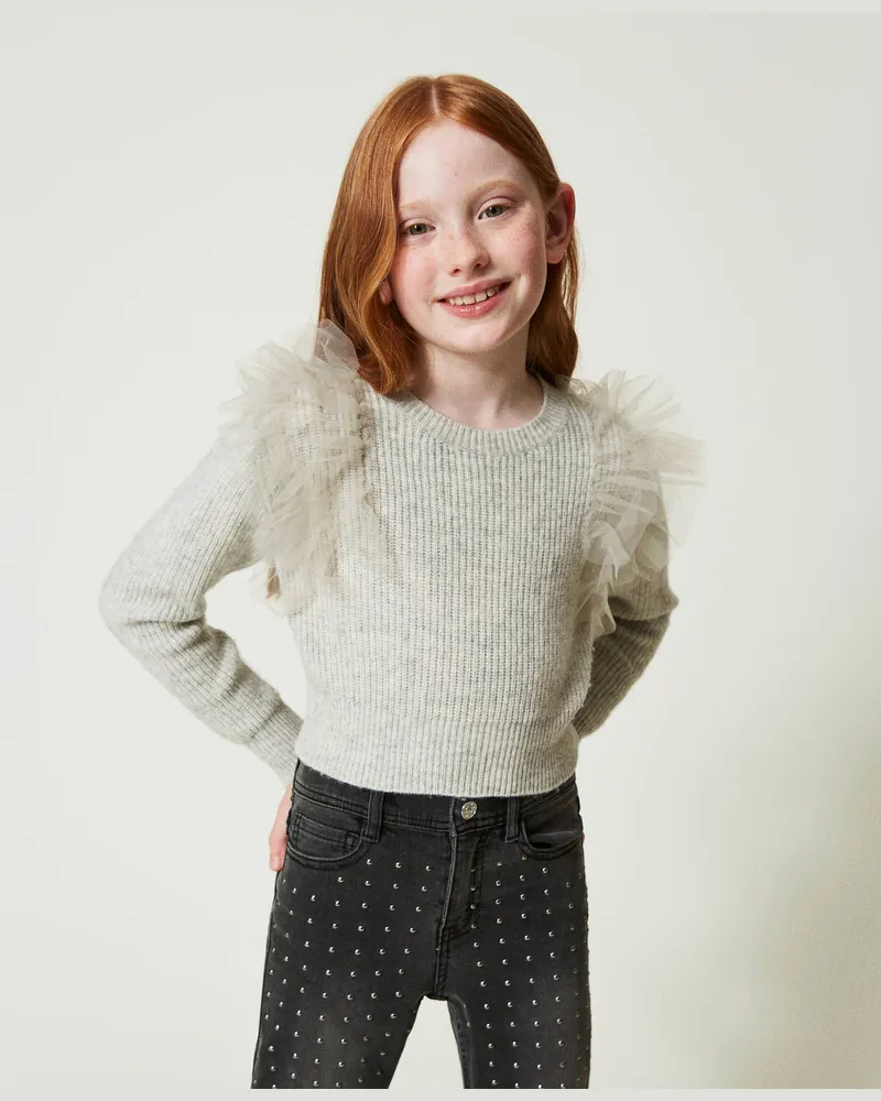Twin-Set Regular-Fit-Pullover mit Tüllvolants, Grau Melange, Größe: 8A 