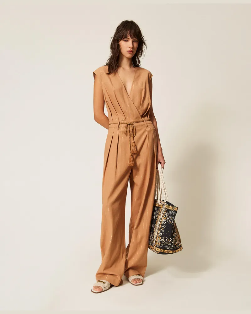 Twin-Set Bademode - Jumpsuit aus Baumwollmischung mit Streifenmuster, „Hazelnut"-Braun, Gestreift, Größe „hazelnut“-braun