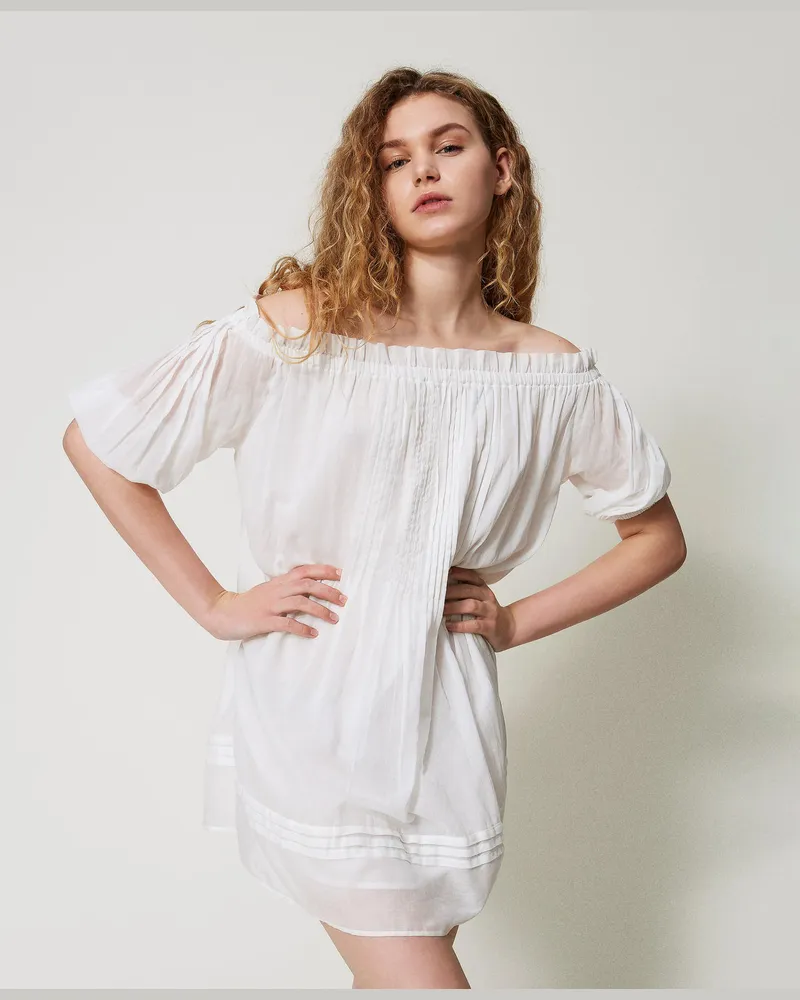 Twin-Set Bademode - Kurzes Musselinkleid mit Falten, Sugar Weiß, Baumwolle, Größe: XL 