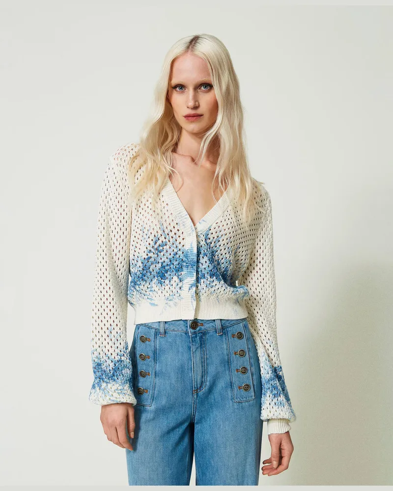 Twin-Set Cardigans - Netzcardigan mit Blumenprint, Print Toile de Jouy Elfenbein / Blue Chalcedonie, Größe: XXL 