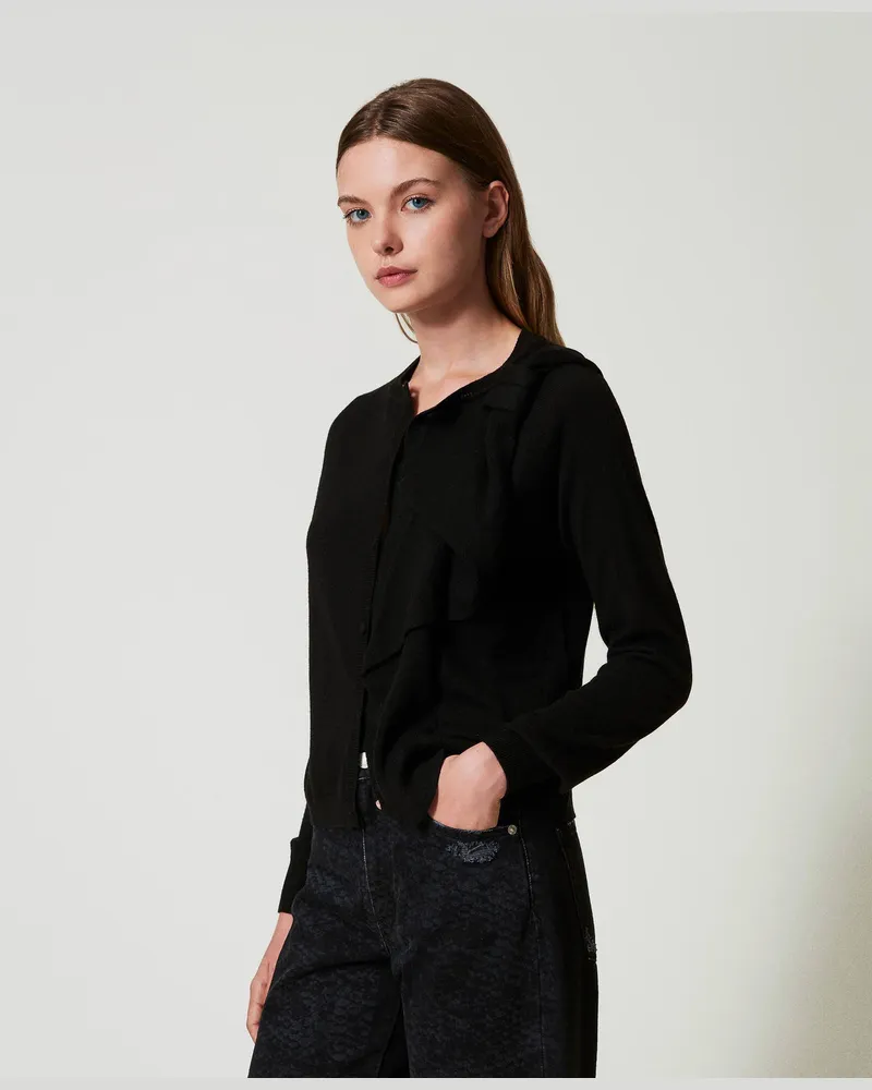 Actitude by Twinset Cardigans - Cardigan aus Wollmischung mit Maxiblume, Schwarz, Wolle, Größe: M 