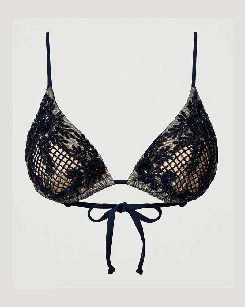 Twin-Set Bademode - Triangel-Bikinitop mit Makramee-Stickerei, Blackout Blau, Paillettes, Größe: 2-B 