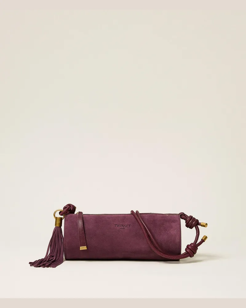 Twin-Set Zylindertasche aus Veloursleder mit Quaste, Damen, Bordeaux Bordeaux