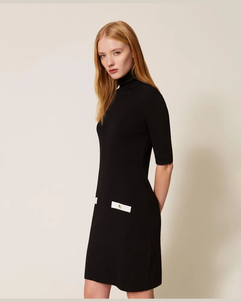 Actitude by Twinset Kleider - Kurzes Strickkleid mit Streifen, Zweifarbig Schwarz / Off White, Gestreift, Größe Zweifarbig