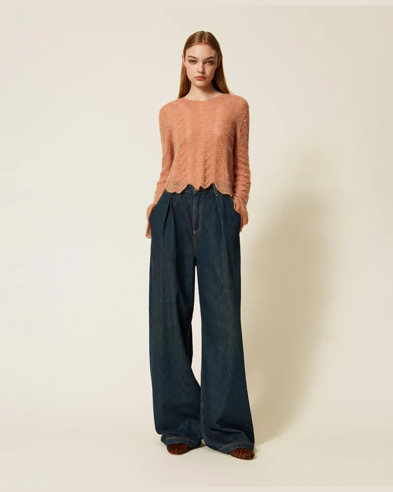 Twin-Set Weite Jeans mit Falten, Mittleres "Denimblau", Größe Mittleres