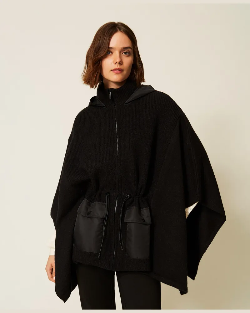Twin-Set Strickponcho mit Kapuze Schwarz