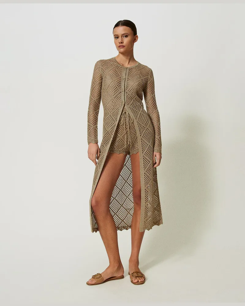 Twin-Set Cardigans - Langer Lurexcardigan mit Netzmuster, Helles „Hazelnut"-Braun Lurex, Größe: XS 