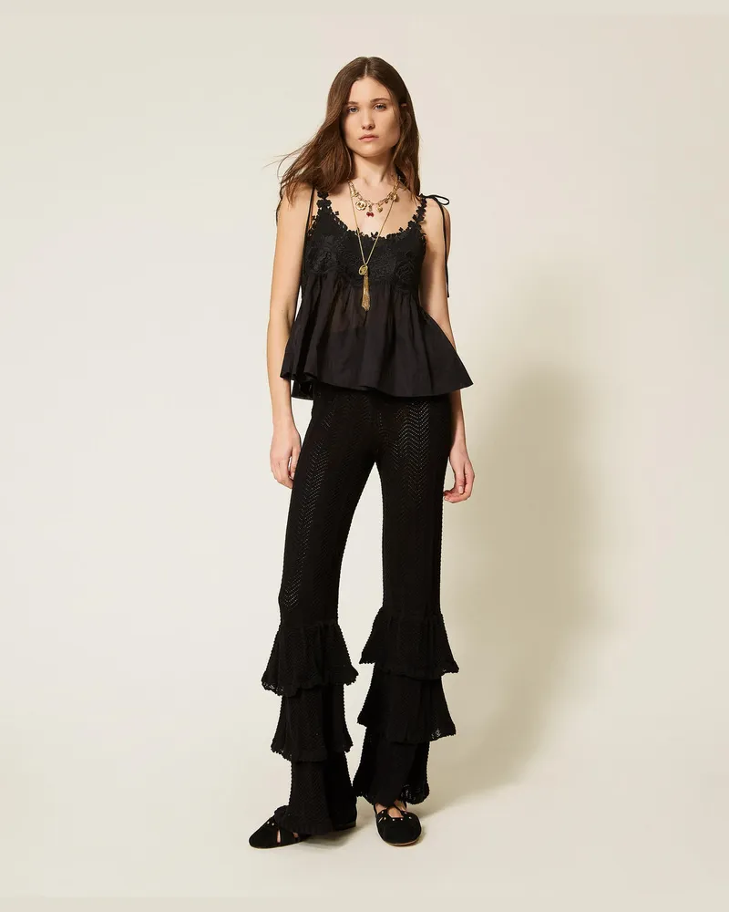 Twin-Set Hosen - Hose aus Strick mit Volant, Schwarz, Baumwolle, Größe Schwarz
