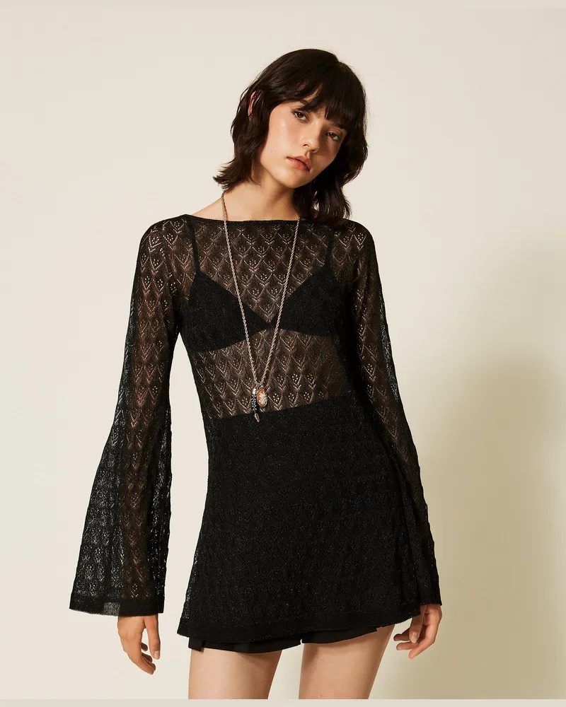 Twin-Set Tunikapullover mit ausgestellten Ärmeln, Damen, Lurex Schwarz Lurex