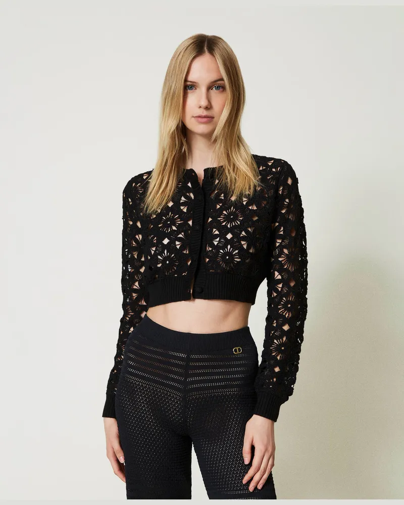 Twin-Set Cardigans - Kurzer Häkelcardigan mit Blumendessin, Schwarz, Größe: XXL 