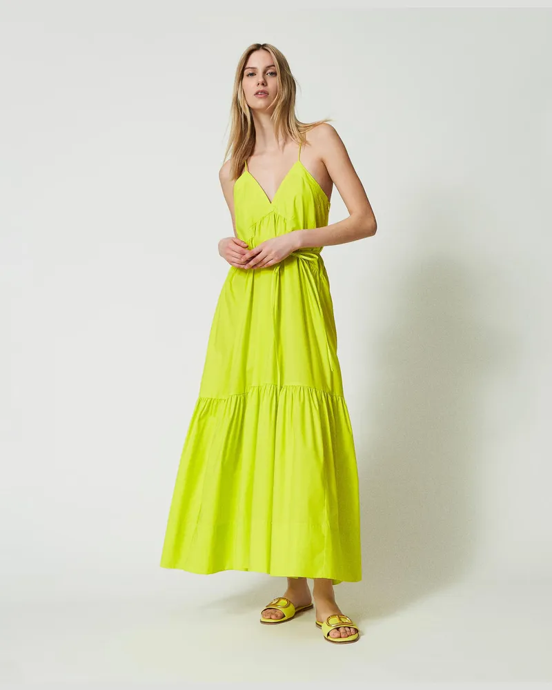 Twin-Set Kleider - Langes Stufenkleid aus Popeline, "Led" Gelb, Baumwolle, Größe Led