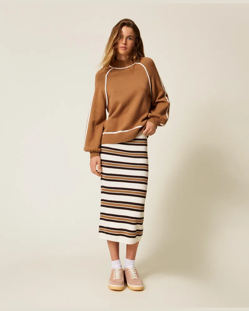 Twin-Set Röcke - Midi-Strickrock mit Streifenmuster, Streifen Off White / Chocolate / Camel, Gestreift, Größe Streifen