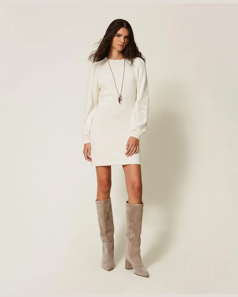 Twin-Set Kurzes Strickkleid mit Stickerei, Damen, Perlmutt Perlmutt