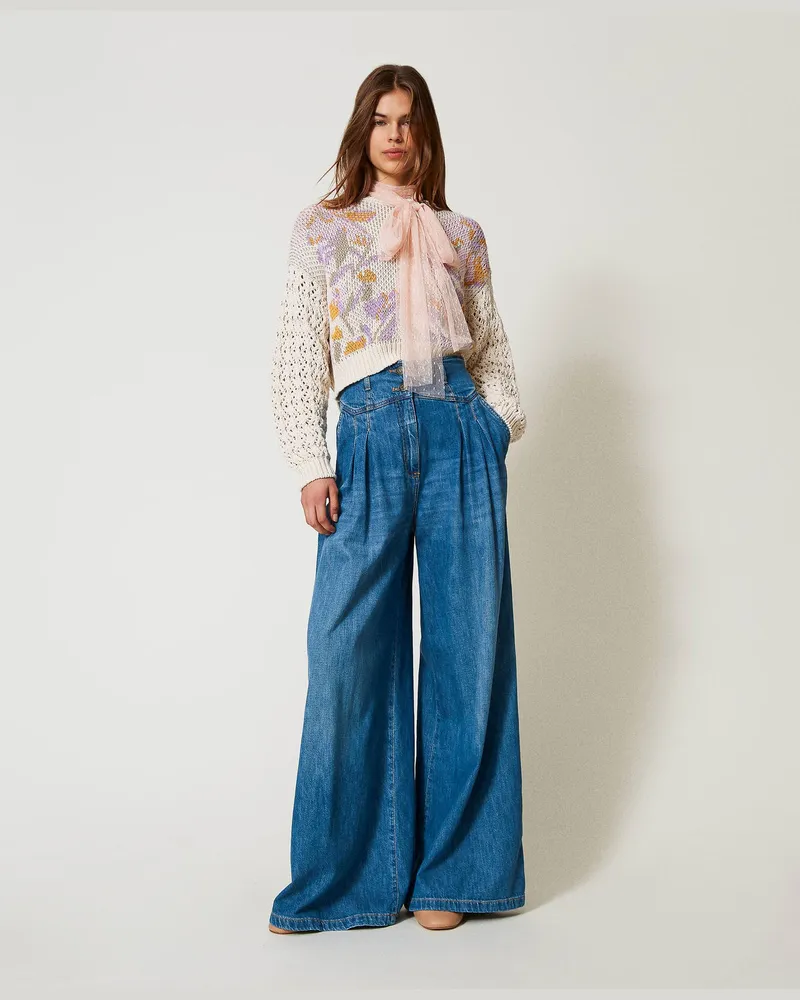 Twin-Set Wide-Leg-Jeans mit Falten, Mittleres "Denimblau", Größe: 32 