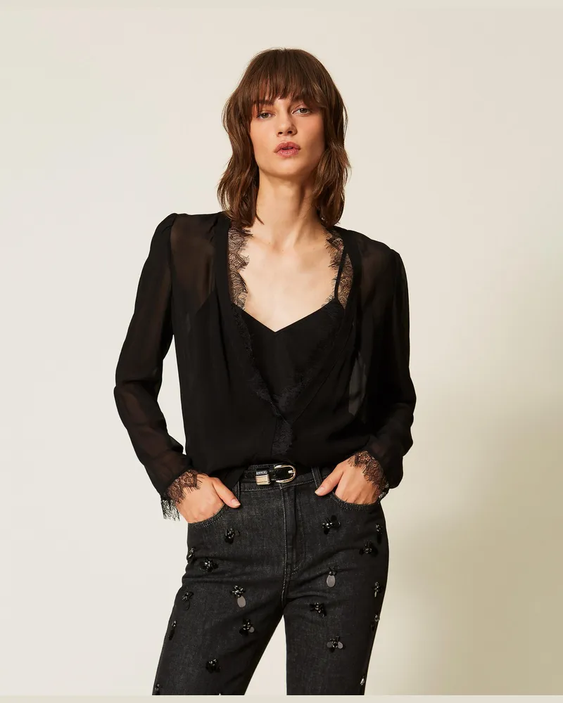 Twin-Set Bluse aus Georgette mit Spitzendetails, Damen, Schwarz Schwarz