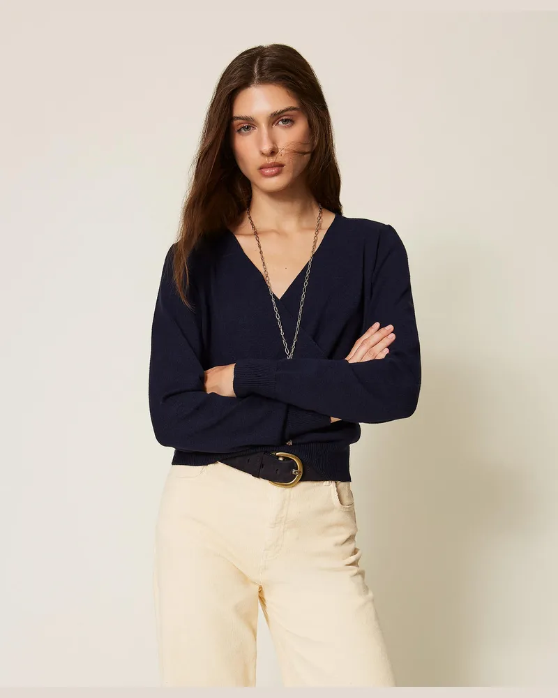 Twin-Set Pullover aus Viskosemischung mit Wickeldetail Klassisches