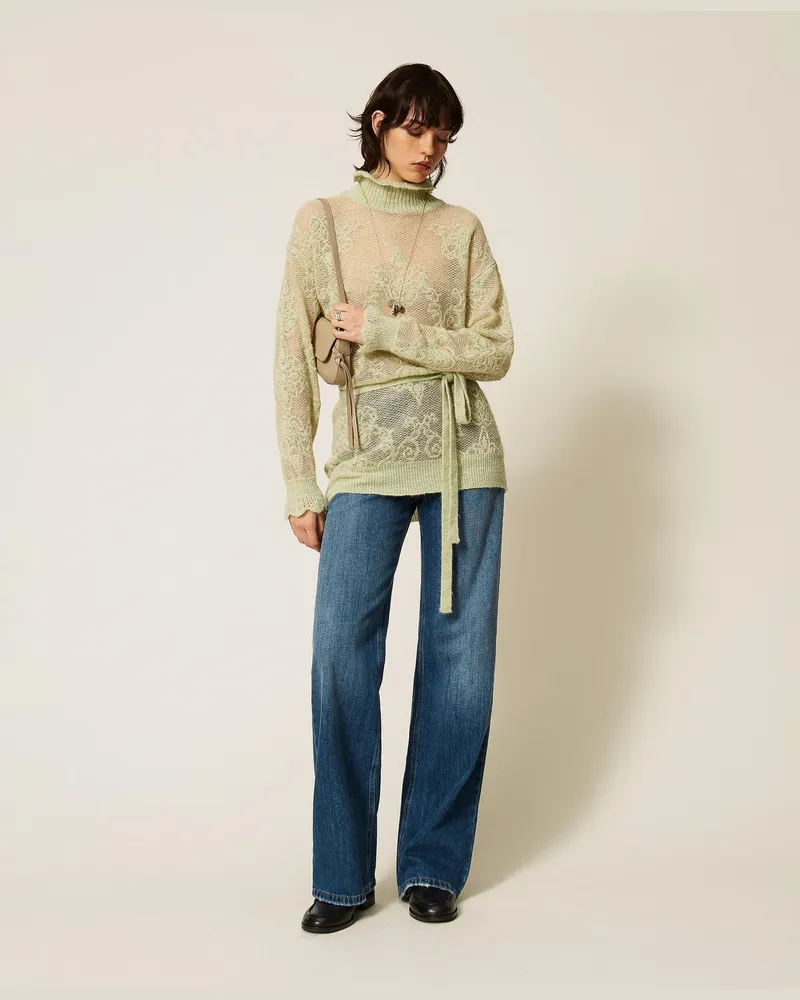 Twin-Set Jacquard-Longpullover aus Alpakamischung Sage