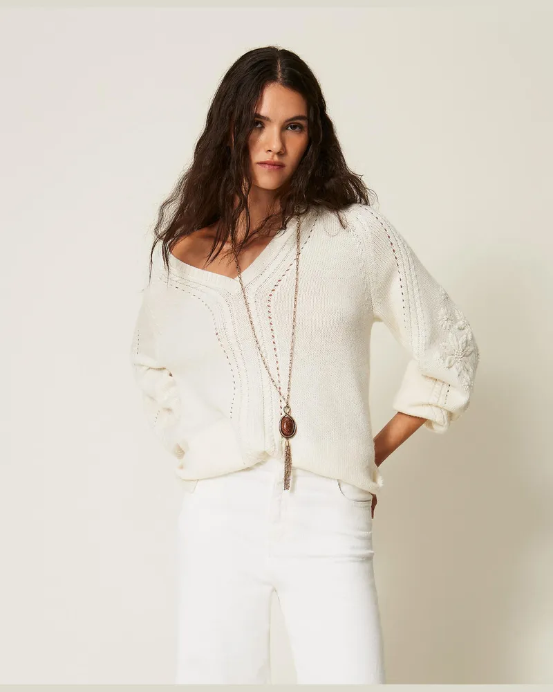 Twin-Set Pullover aus Wollmischung mit Stickerei Perlmutt