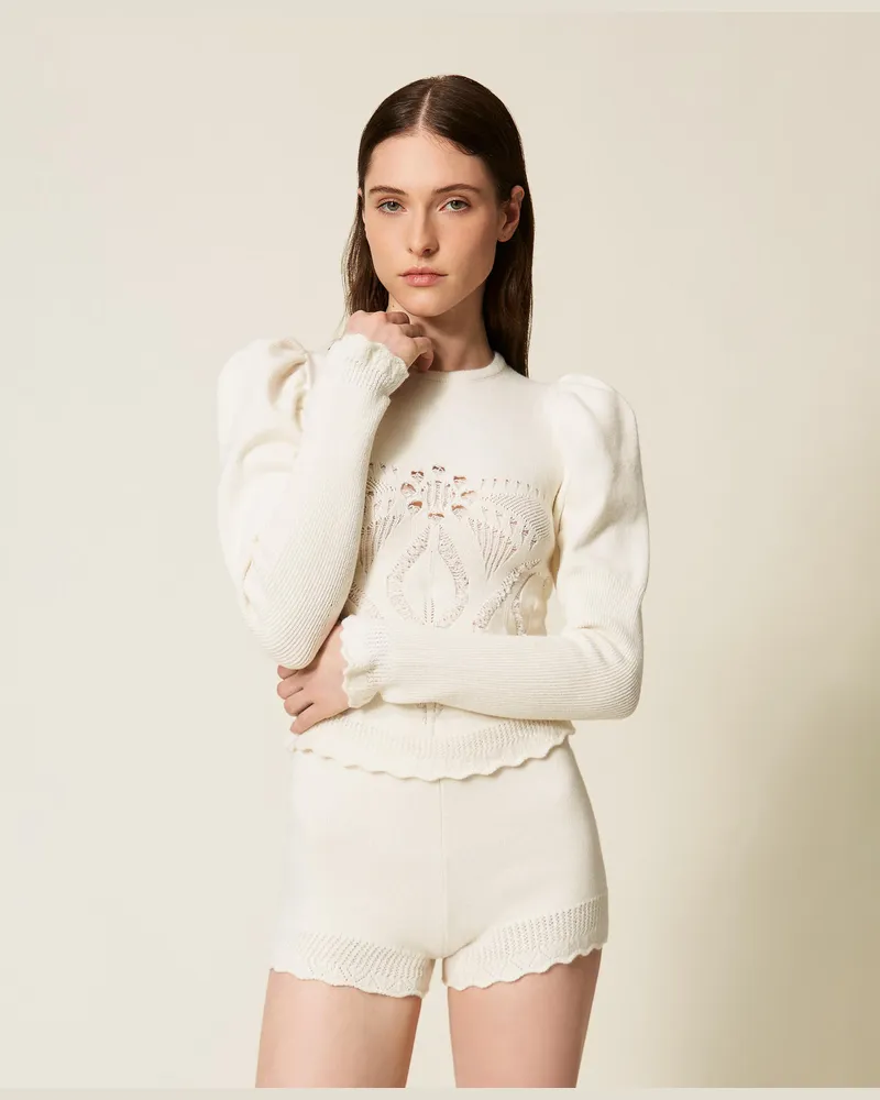 Twin-Set Hosen - Figurbetonte Strickshorts, Weiß Schnee, Größe Weiß