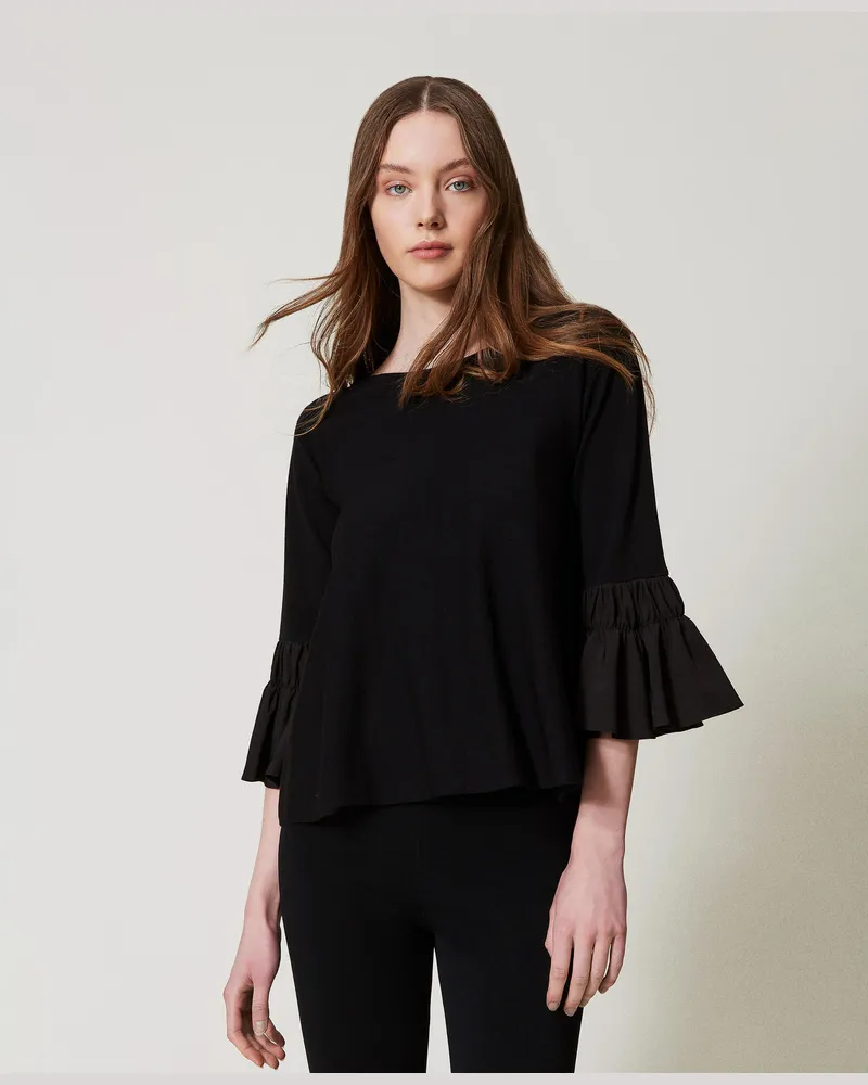 Twin-Set Pullover aus Baumwollmischung mit Volants, Schwarz, Größe Schwarz