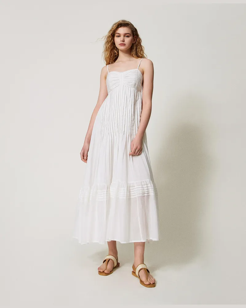 Twin-Set Bademode - Maxikleid aus Musselin mit Falten, Sugar Weiß, Baumwolle, Größe: M 