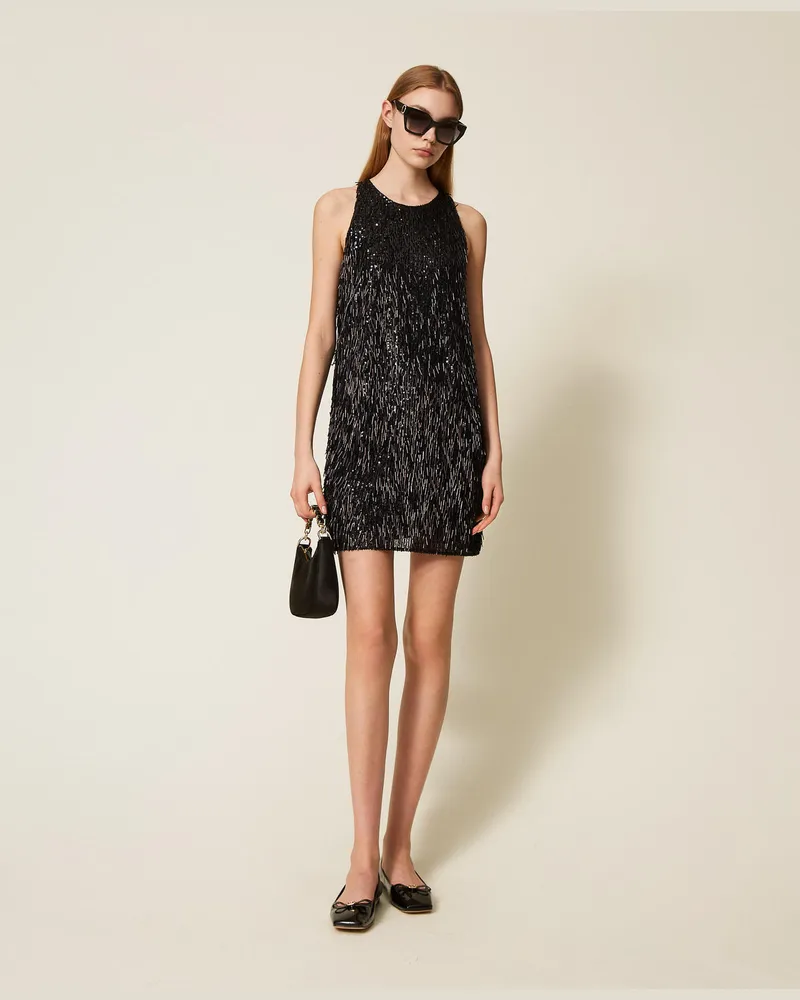 Twin-Set Kleider - Minikleid mit Paillettenfransen, Schwarz, Paillettes, Größe Schwarz