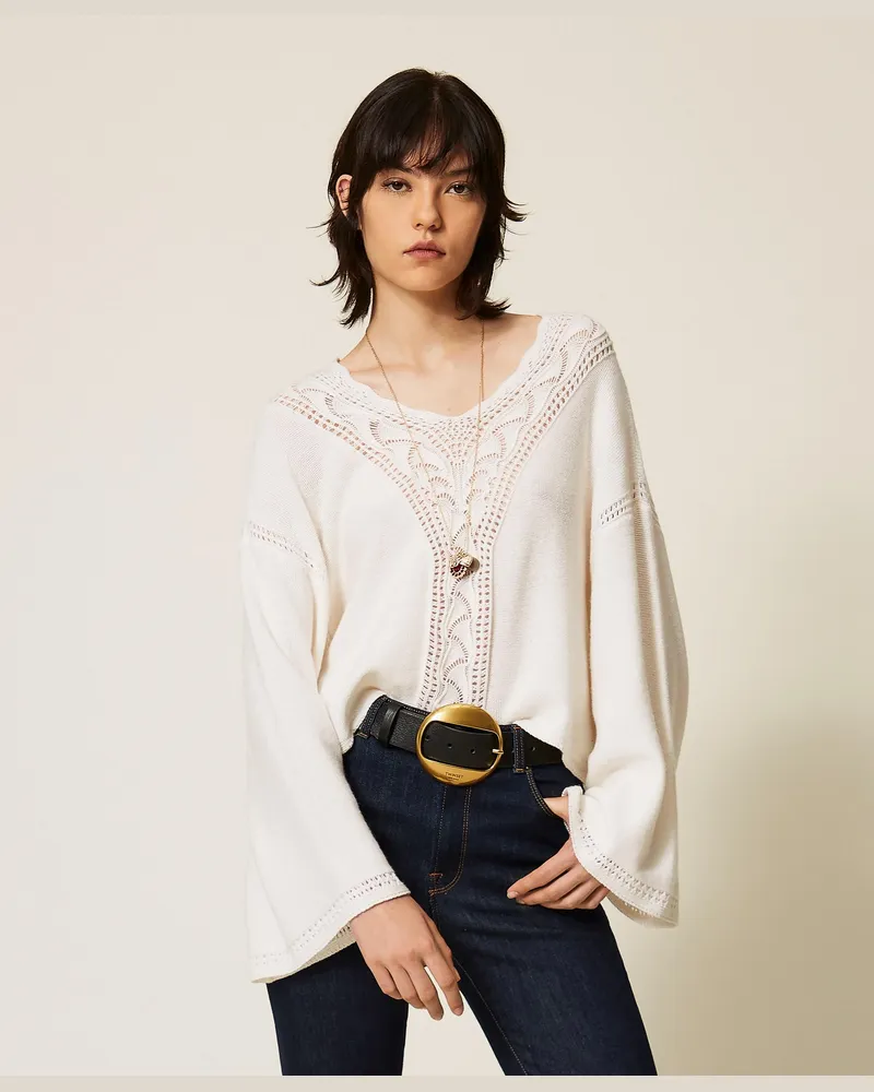 Twin-Set Weiter Pullover aus Wollmischung mit Durchbruchmuster, Damen, Perlmutt Perlmutt