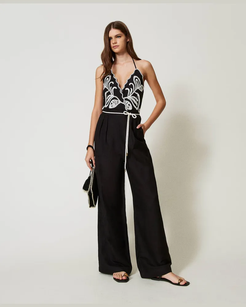 Twin-Set Bademode - Jumpsuit aus Leinenmischung mit Stickereien, Zweifarbig Schwarz / Perlmuttweiß, Größe: L 
