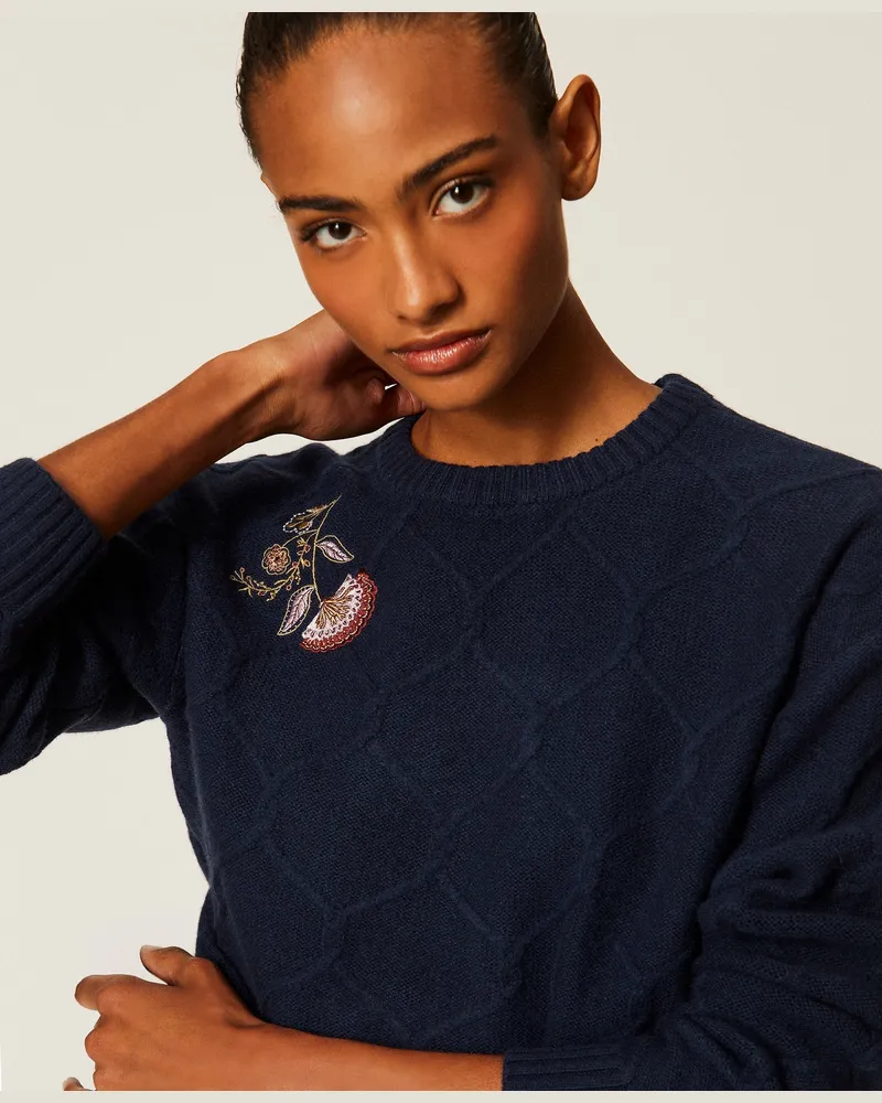 Twin-Set Pullover mit Rundhalsausschnitt aus Wolle mit floralem Stickmotiv, Damen, Blue Paint Blue