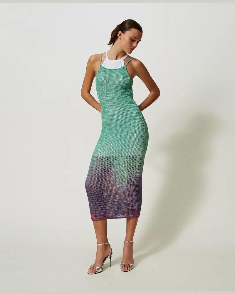 Actitude by Twinset Kleider - MYFO Maxikleid aus Lurex-Gestrick mit Unterkleid, Print Green Shades, Größe Print